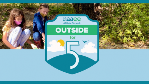 Outside for 5 Badge Outside for 5 Logo in front of children netting in a pond